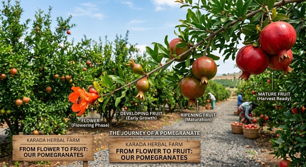 Close-up of a pomegranate branch showing the full lifecycle from flower bud to ripening fruit to mature harvest-ready pomegranate at Karada Herbal Farm, Birgod-Shajapur.