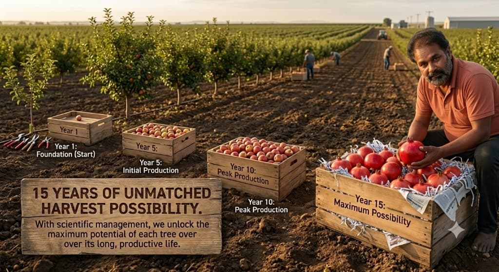 Farmer displaying crates of pomegranates representing Year 1 through Year 15 harvest progression — demonstrating 15 years of unmatched harvest possibility at Karada Herbal Farm.