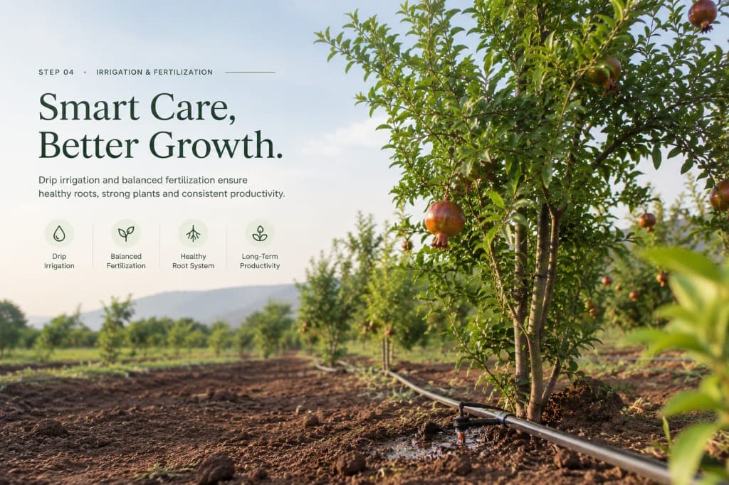 Pomegranate trees with drip irrigation lines running along the base — Karada Herbal Farm's smart irrigation and balanced fertilization system.