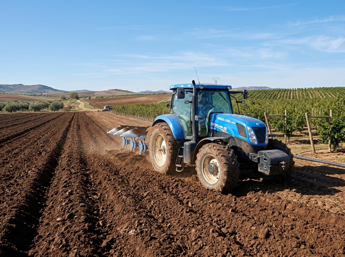 Farmer walking across freshly tilled agricultural land at sunrise with a tractor in the background — the foundation stage of Karada Herbal Farm's pomegranate plantation.
